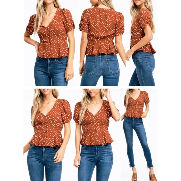 Rust Polka Dot Deep V Neck Button Peplum Shirt Top - Picture 7 of 8